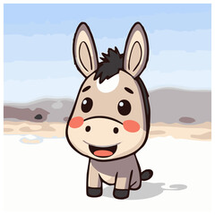 A cute lovely donkey cartoon illustration with happy face, with a blurry background