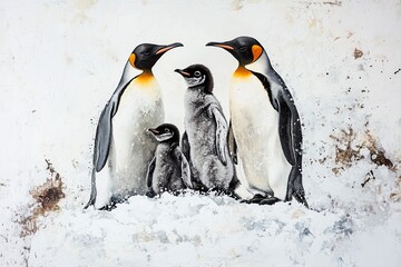 Obraz premium A family of emperor penguins standing together on the snow-covered ice, with one baby chick between them. The background is a soft white color that highlights their black and grey plumage. This scene 