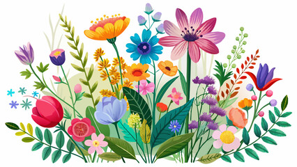 Wildflower bloom vector nature plants file, isolated wildflower design, colorful spring flowers, nature cut out background, transparent wildflower artwork, spring plant illustration white backgrounds