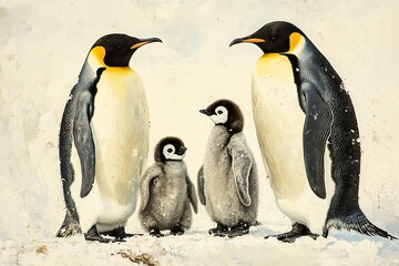 Fototapeta premium A family of emperor penguins standing together on the snow-covered ice, with one baby chick between them. The background is a soft white color that highlights their black and grey plumage. This scene 
