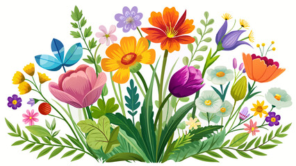 Wildflower bloom vector nature plants file, isolated wildflower design, colorful spring flowers, nature cut out background, transparent wildflower artwork, spring plant illustration white backgrounds