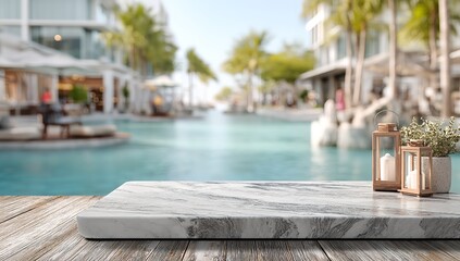Obraz premium Luxury Marble Table with Beach Resort and Swimming Pool View – Summer Vacation Concept