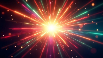 Naklejka premium Dynamic Neon Burst with Colorful Rays and Sparkling Particles, Ideal for Futuristic, Energy, and High-Impact Design Concepts