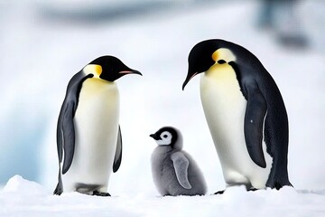 A family of emperor penguins standing together on the snow-covered ice, with one baby chick between them. The backdrop is an icy landscape of Antarctica, with distant details visible in the distance. 