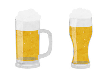 ビールの水彩イラスト、ビールジョッキ、グラスビール