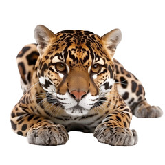 Obraz premium Crouching jaguar looking forward on transparent background