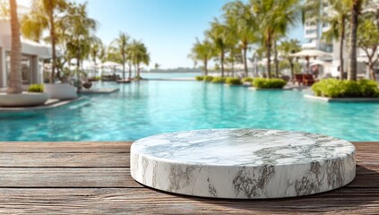 Obraz premium Luxury Marble Table with Beach Resort and Swimming Pool View – Summer Vacation Concept