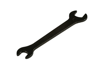 Black open-end wrench is isolated, angled view.