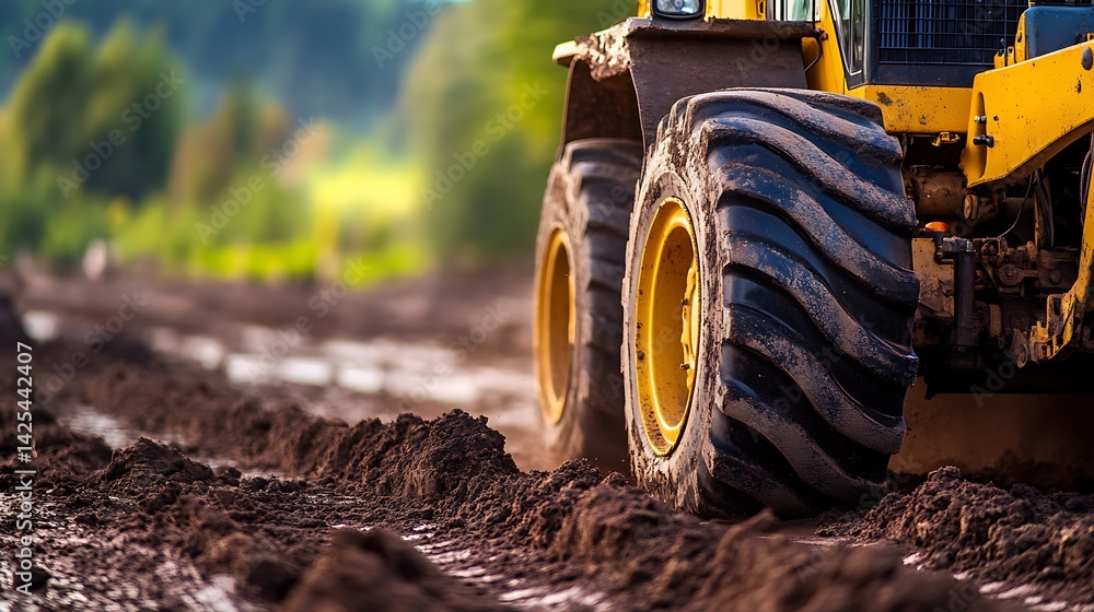 Poster large road grader effectively leveling ground for construction, with room for branding and customiza