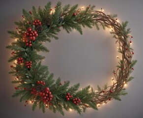 Fototapeta premium Intricate Christmas border with interwoven conifer branches, glowing lights, and berries , decoration, evergreen