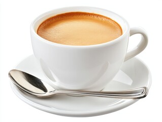 Fototapeta premium A white background features a cup of milk that has a spoon placed in it