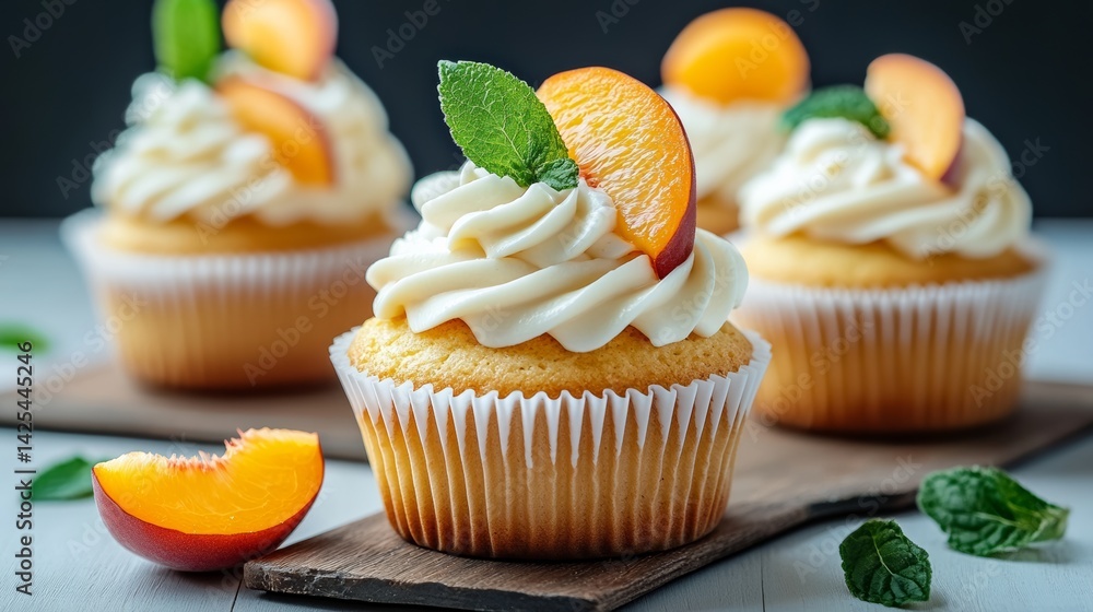 Aufkleber three cupcakes with a green leaf on top and a slice of peach on the side. the cupcakes are on a wood
