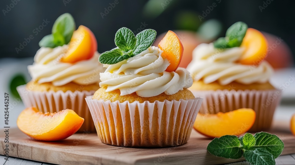 Poster three cupcakes with whipped cream and a slice of peach on top. the cupcakes are sitting on a wooden 