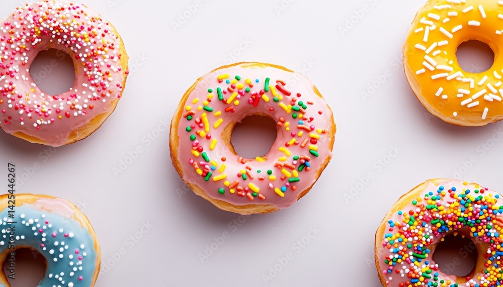 Poster row of colorful donuts with sprinkles on top. the donuts are arranged in a row and are of different 