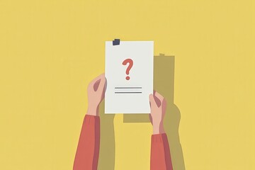 A woman holds a paper with a question mark in front of her face