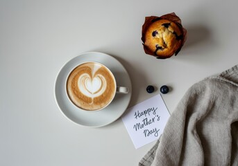 Flat lay of a Mother's Day breakfast featuring a steaming cappuccino with a heart-shaped foam, homemade blueberry muffin and handwritten note reading "Happy Mother's Day"