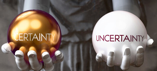 Certainty or Uncertainty - decide between two options. Greek statue presenting a choice: certainty or uncertainty, weighing their values. Looking at pros and cons.  ,3d illustration