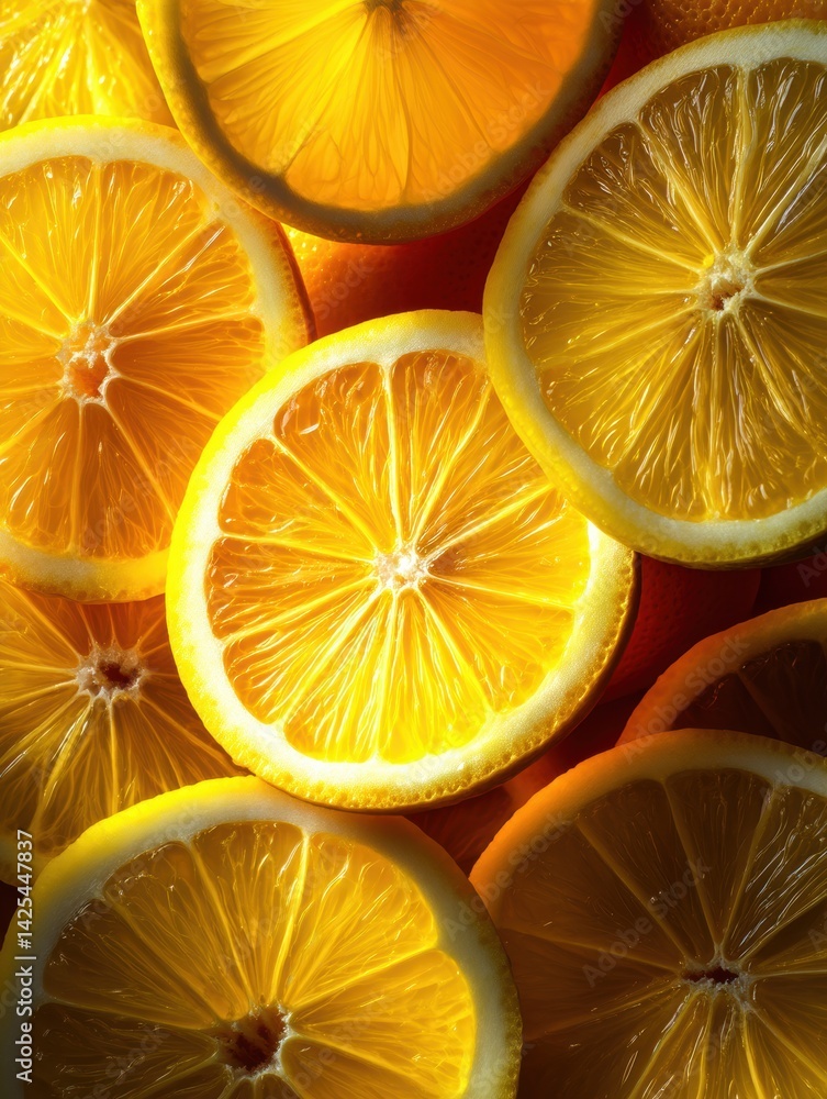 Poster sliced citrus fruit displaying juicy texture in vibrant light for fresh and colorful culinary presen