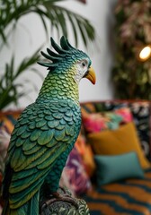 Obraz premium Vibrant parrot sculpture in tropical living room setting