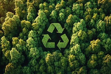 Aerial view of a large recycling symbol in a lush forest