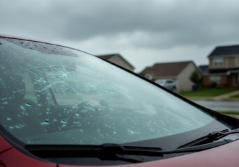Cracked car windshield with raindrops in a suburban neighborhood on a cloudy day