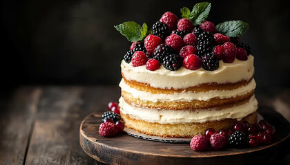 Delicious three layered berry cake food photography