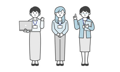 オフィスカジュアル姿の女性の3人セット（全身・ポーズあり）