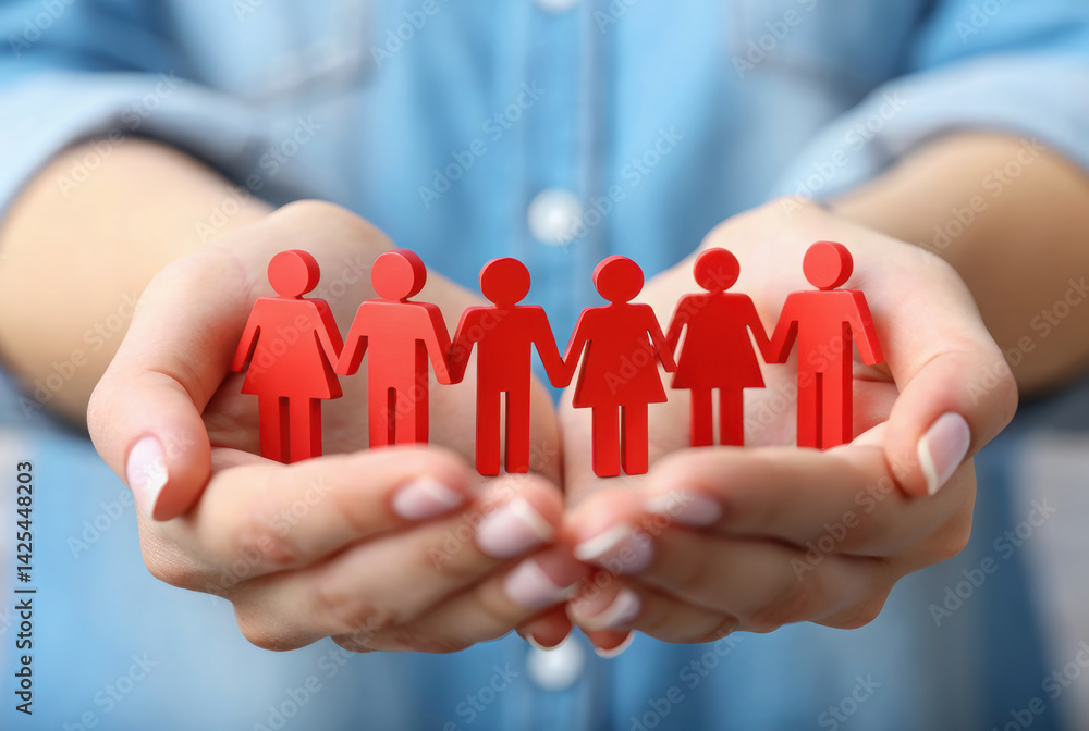 Poster empowering community support with red figures representing unity and connection in hands