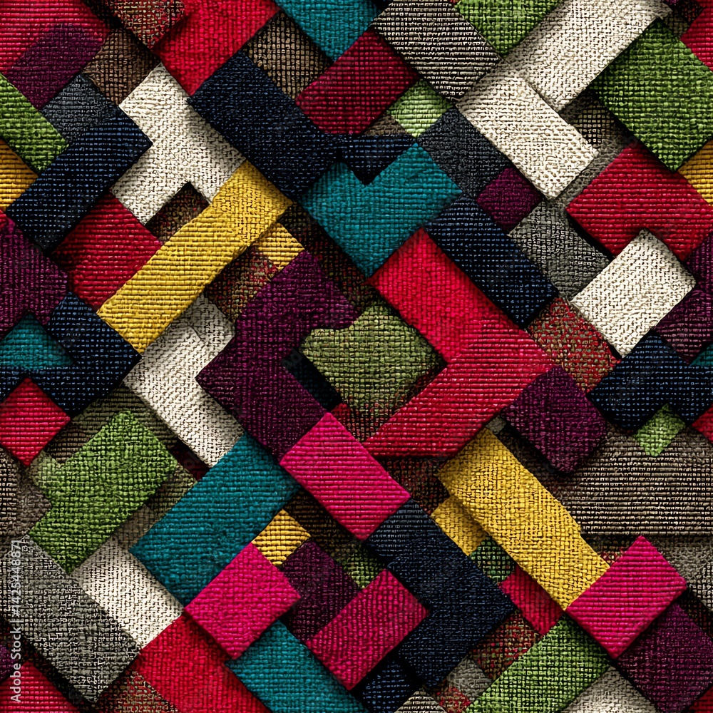 Poster textile weaving pattern with colorful strips and interlocking design texture