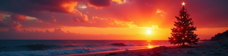 Obraz premium Silhouette of decorated Christmas tree against fiery sunset, beach in background , winter, magical