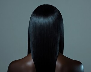 Fototapeta premium The back view of a woman displaying her very long, flowing black hair