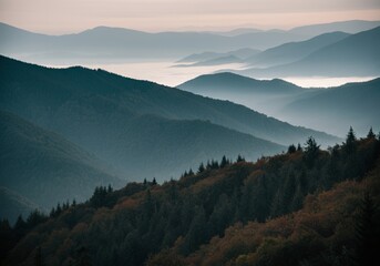 Misty mountain range at sunrise with layered forested hills and atmospheric fog