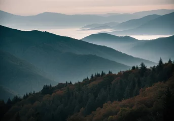 Crédence de cuisine en verre imprimé Misty mountain range at sunrise with layered forested hills and atmospheric fog