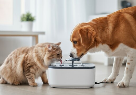 Cat and dog drinking from pet water fountain in sunlit room