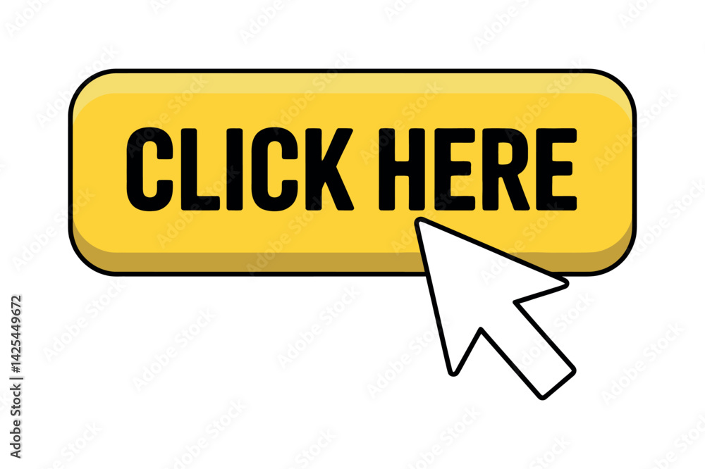 Poster yellow click here button with mouse pointer for website call to action and digital marketing engagin