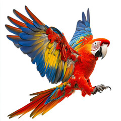 Fototapeta premium Graceful Scarlet Macaw flapping wings, sharp details, isolated on white background