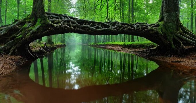 Forest stream natural root bridge