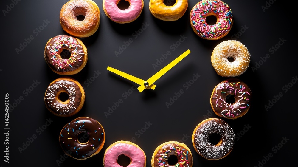 Poster clock made out of donuts with the hands pointing to the numbers 3 and 9. the donuts are arranged in 