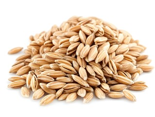 A close-up studio shot shows a pile of uncooked barley grains isolated on a pure white background perfect for food blogs and websites.