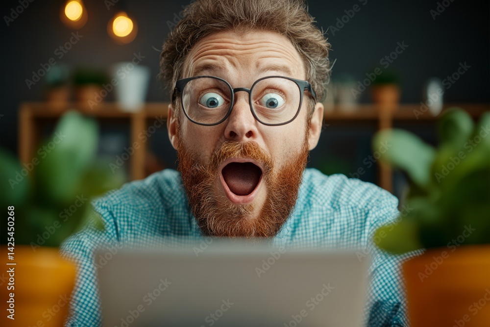 Poster man with glasses and a beard is looking at a computer screen with an open mouth. concept of surprise
