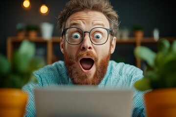 Man with glasses and a beard is looking at a computer screen with an open mouth. Concept of surprise or excitement