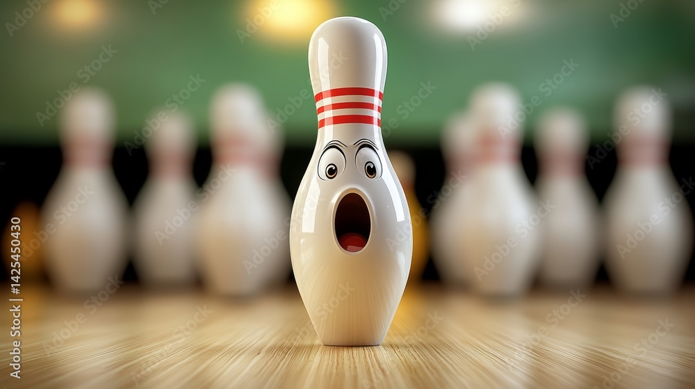 Aufkleber bowling ball with a surprised expression on its face is in the middle of a row of bowling pins