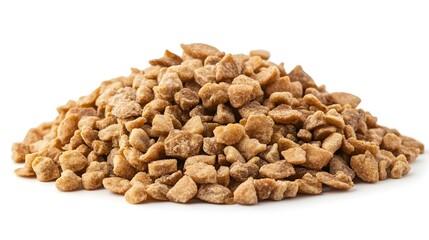 A close-up studio shot shows a pile of chopped and roasted hazelnuts isolated on a pure white background.