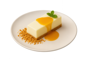Rectangular cheesecake slice with mango sauce, garnished with cookie crumbs and mint on a white plate. Isolated on transparent background. Tropical dessert concept