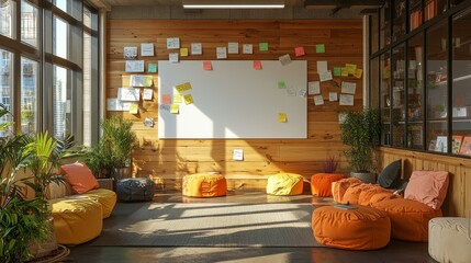 Sunlit Co-working Space with Beanbags and Whiteboard