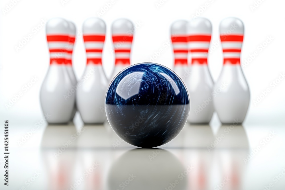 Poster bowling ball is in the middle of a row of bowling pins. the bowling ball is the only object in the f