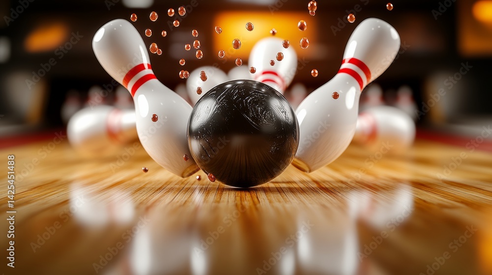 Poster bowling ball is in the middle of a bowling game with a few other bowling balls. the scene is dynamic