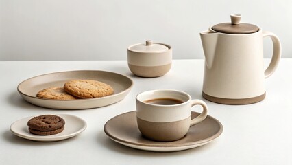 Fototapeta premium Minimalist monochromatic coffee setup with cookies on a clean white table for an afternoon break
