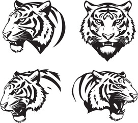 Massive Tiger Head Vector Collection: Diverse Black and White Illustrations