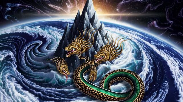 Mythological hydra serpent coiling around earth mountain peak